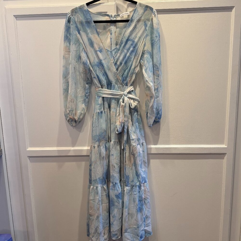 Calvin Klein Blue Floral Chiffon Midi Dress Sheer Overlay Size 10